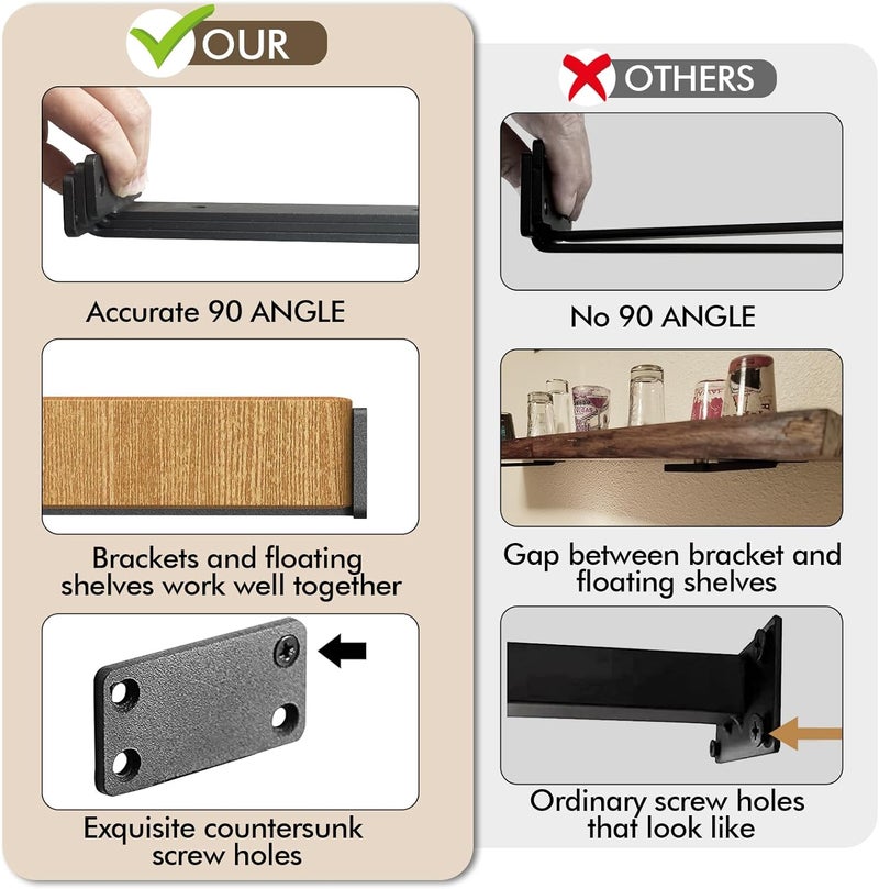 MIUGO Heavy Duty Shelf Bracket 4 Pack, Floating Shelf Brackets 10 inch Long, Brackets for Shelves, Black Coated Metal Wall Shelf Support Brackets（1/5"-Thick） - Image 4